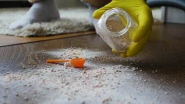 Bir adam laminattan elektrikli süpürgeyle pislik toplar, lekeyi temizler. Daireyi temizliyorum.