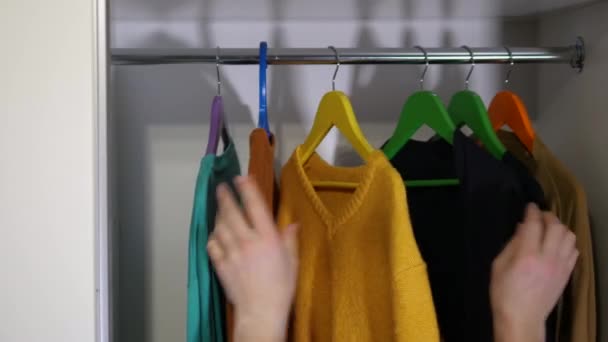 Man Choosing Clothes Hanger Male Hands Take Clothes Wardrobe — Stockvideo