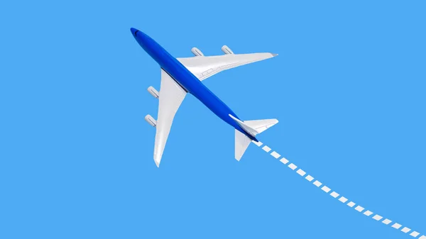 客机在飞行中被隔离在浅蓝色的背景下 蓝色的飞机在空中带着尾迹 仿照了太空飞机的模型 — 图库照片