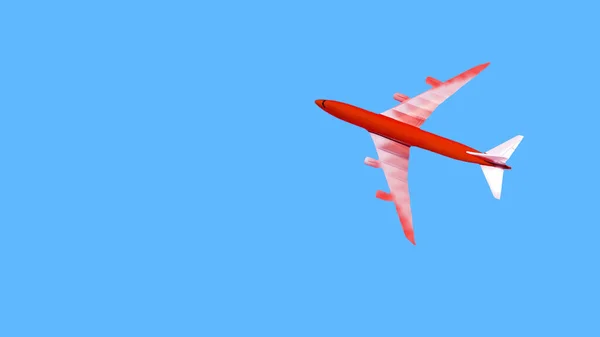 Avión Pasajeros Vuelo Aislado Sobre Fondo Azul Avión Rojo Copia — Foto de Stock