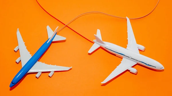 Two Passenger Airplanes Flight Beautiful Orange Background Top View Airplane — Zdjęcie stockowe