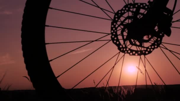 Rodas Rotativas Uma Bicicleta Montanha Fundo Pôr Sol Laranja Bicicleta — Vídeo de Stock