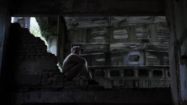 Sad Man Abandoned Building Depressed Man Cinematic Tone Problems Life — Stock Video