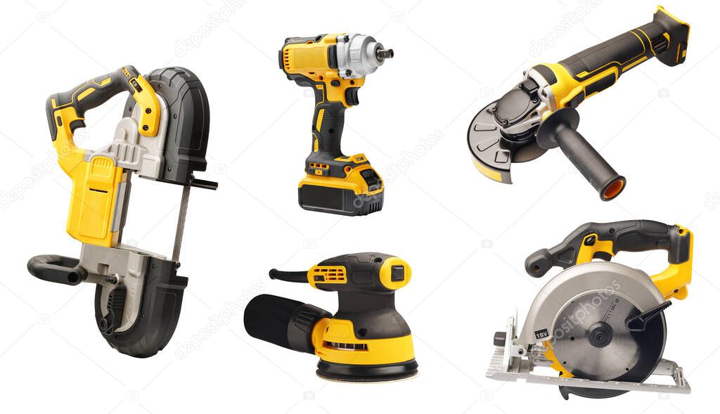Electric tool set cordless rechargeable screwdrivers , Angle Grinder,circular saws ,cordless band saws on white background
