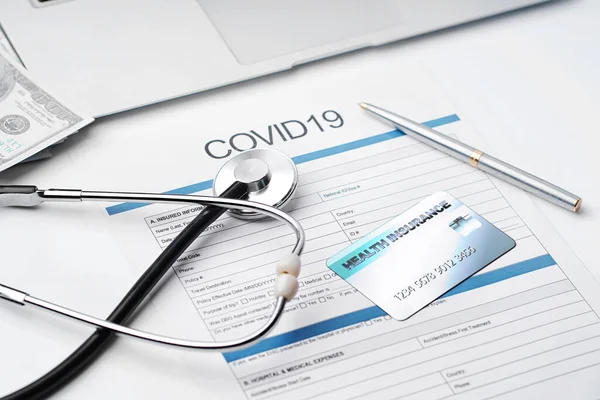 Coronavirus Covid19 Insurance Policy Document Stethoscope Desk Health Care Insurance — Stock Photo, Image