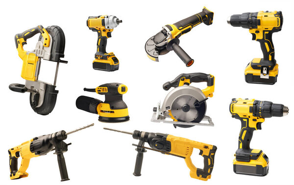 Electric tool set cordless rechargeable screwdrivers , Angle Grinder,circular saws ,cordless band saws on white background