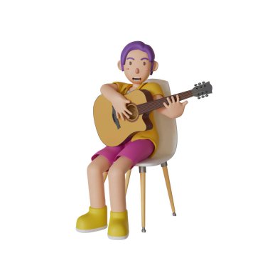 Sarı gömlekli, mor pantolonlu, sandalyede oturan, beyaz arka planda gitar çalan bir adam. 3 Boyutlu resimleme