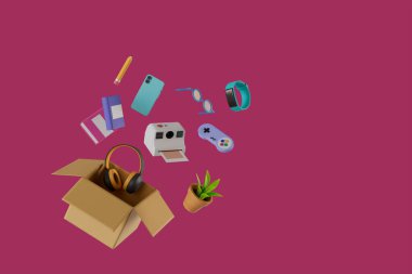 Dağıtılmış eşyalar, kulaklıklar, bitki saksısı, polaroid kamera, oyun sahası, akıllı saat, gözlük, akıllı telefon, kitap, kalem, mor arka planda defter, 3D resimleme