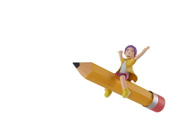 Sarı gömlekli, mor pantolonlu, dev sarı kalemli mutlu adam beyaz arka planda 3D resimde kazanır.