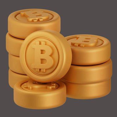 Bitcoin ve Crypto Coins yığını. 3B görüntüleme