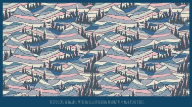 Kusursuz desenli çizim sanatı, dağ şekilleri ve üst üste binen çam ağaçları..