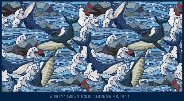 シームレスなパターンのイラストの手をクジラの水泳を描いた — ストックベクタ