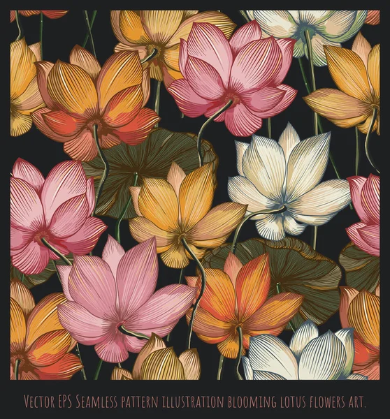 Vektor Eps Sömlös Mönster Illustration Blommande Lotus Blommor Konst — Stock vektor