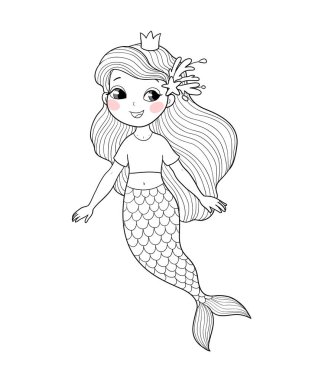 Şirin denizkızları çizgi filmi. Siren sesi. Deniz teması. Vektör çizimi. Balık kuyruklu güzel bir çizgi film kızı.