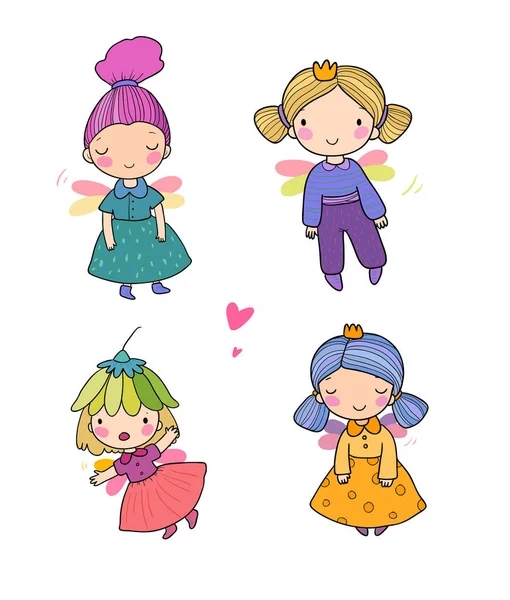 Lindas niñas de dibujos animados. Princesas elfos con alas. Ilustración para colorear libros. Vector — Archivo Imágenes Vectoriales