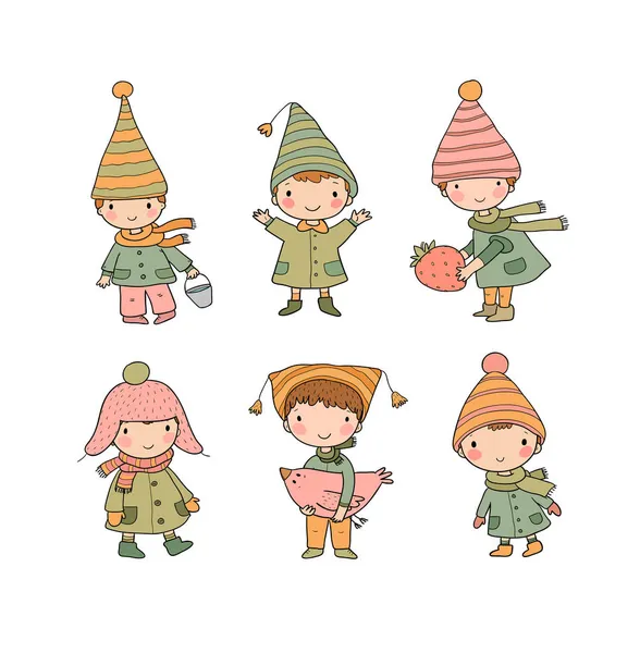 Милі мультфільми гномів. Лісові ельфи. Маленькі феї. Маленькі веселі хлопчики в зимових шапках . — стоковий вектор