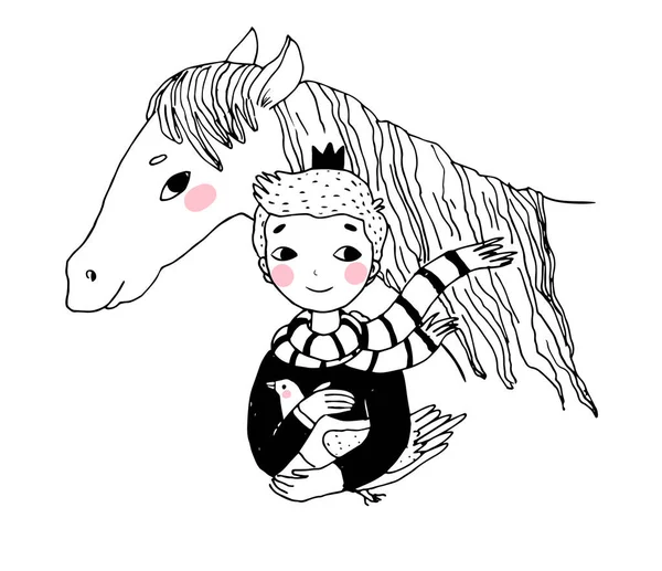 Pequeño niño de dibujos animados príncipe y caballo. Personaje de cuento de hadas — Vector de stock