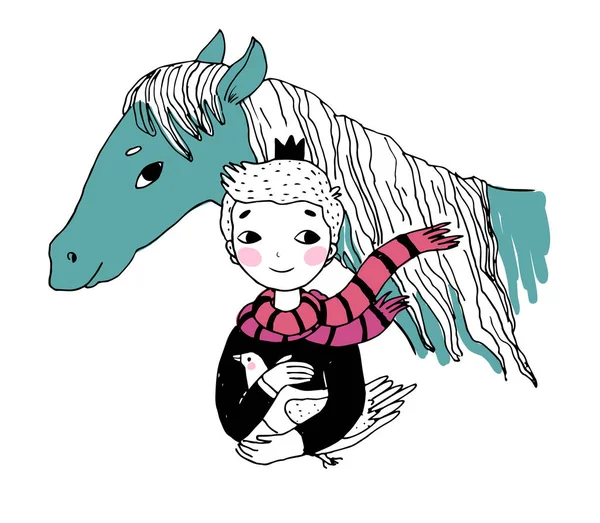 Pequeño niño de dibujos animados príncipe y caballo. Personaje de cuento de hadas — Archivo Imágenes Vectoriales