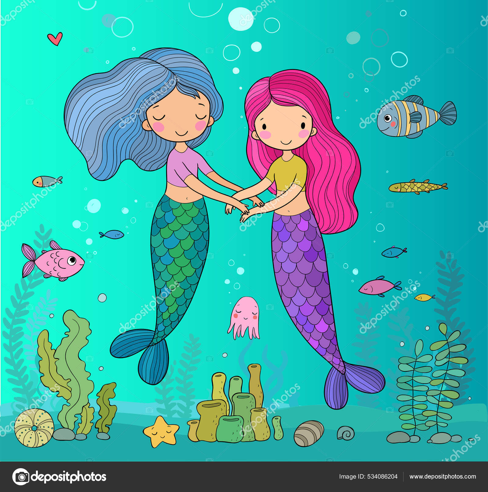 Ute little mermaids. cartoon girls with fish tails. Marine theme
