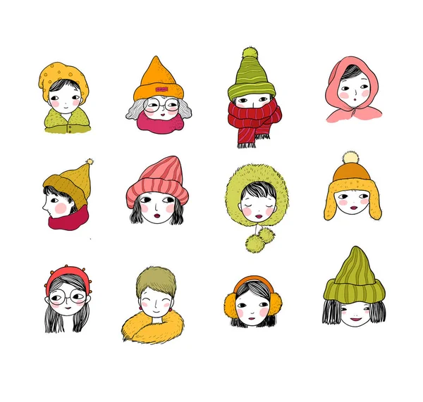 Gorras de invierno, accesorios cálidos. Chicas en sombreros de punto y bufandas. Rostros femeninos con diferentes emociones. Ilustración vectorial — Archivo Imágenes Vectoriales