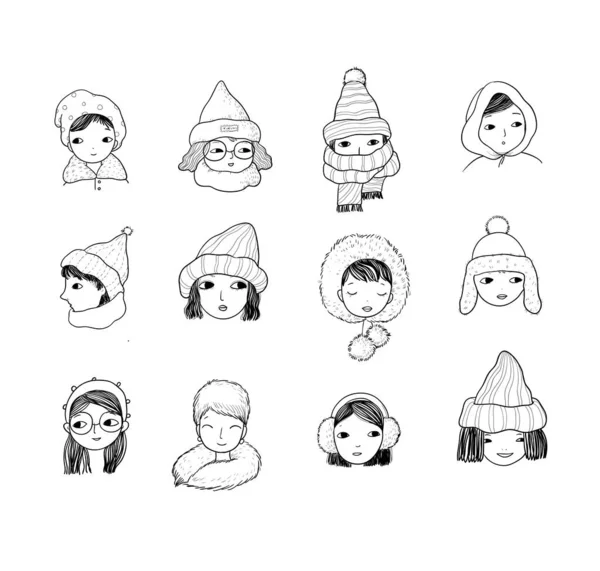 Gorras de invierno, accesorios cálidos. Chicas en sombreros de punto y bufandas. Rostros femeninos con diferentes emociones. Ilustración vectorial — Archivo Imágenes Vectoriales