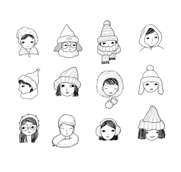 Casquettes d'hiver, accessoires chauds. Filles en bonnets et foulards tricotés. Visages féminins avec différentes émotions .Illustration vectorielle — Image vectorielle