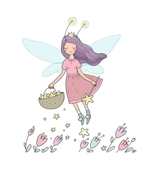 Милая мультяшная фея. Маленький цветочный эльф. Маленькая девочка с крыльями.