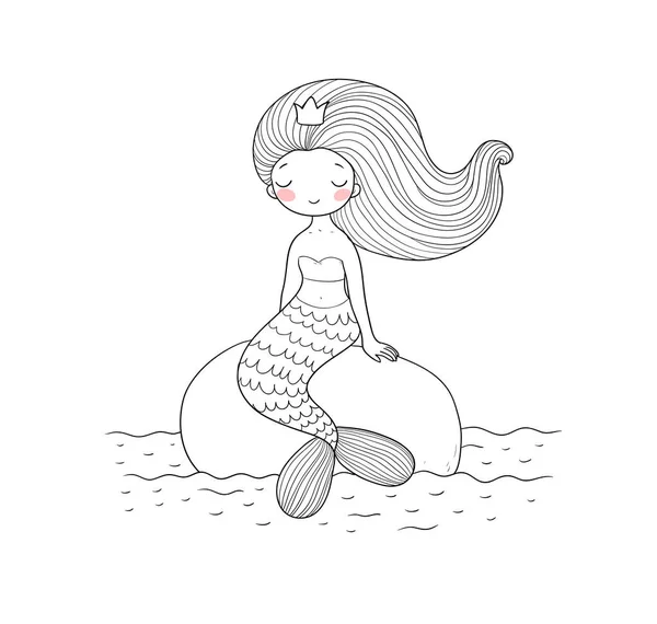 可爱的卡通美人鱼坐在石头上。Siren 。海洋主题。矢量图解。漂亮的卡通女郎，有一条鱼尾纹 — 图库矢量图片