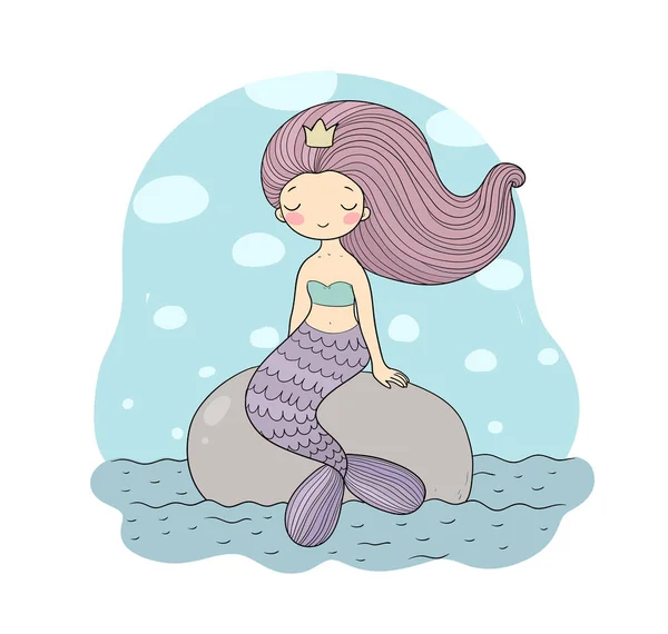 Lindas sirenas de dibujos animados sentadas en una piedra. Sirena. Tema del mar. ilustración vectorial. Hermosa chica de dibujos animados con una cola de pescado — Archivo Imágenes Vectoriales