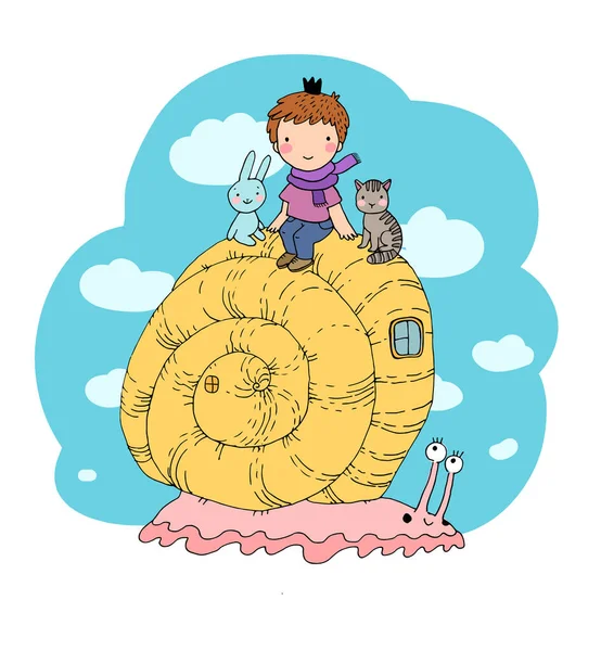 Le petit prince, chaton et lapin chevauchent un escargot. Mignon garçon drôle. Conception pour un garçon — Image vectorielle