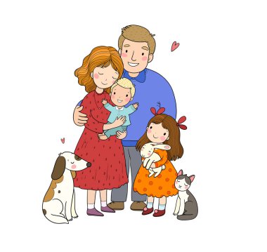 Sevimli çizgi film ailesi ve kedili bir köpek. Anne, baba ve çocuklar. Mutlu insanlar..