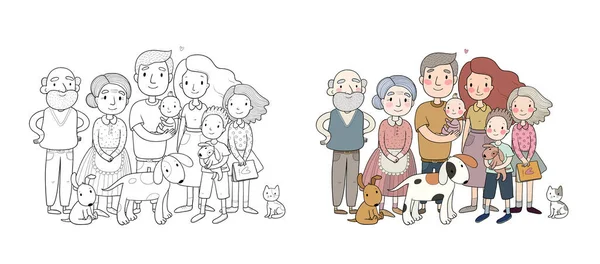 Roztomilá kreslená rodina a kočka se psem. Máma, táta a děti. Šťastní lidé. — Stockový vektor