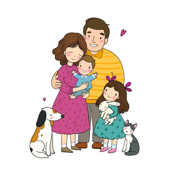Linda familia de dibujos animados y un gato con un perro. Mamá, papá e hijos. Gente feliz. — Vector de stock
