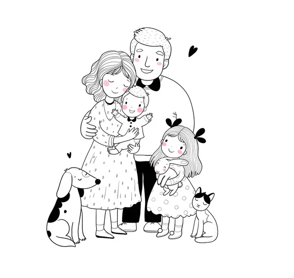 Aranyos rajzfilm család és egy macska egy kutyával. Anya, apa és gyerekek. Boldog emberek.. — Stock Vector
