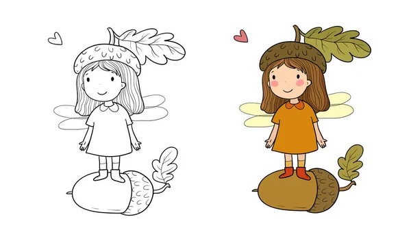 Carino fata dei cartoni animati. Piccolo elfo dei fiori. Ragazzina con le ali. Illustrazione per libri da colorare. — Vettoriale Stock