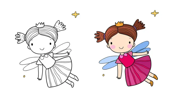 Leuke cartoon fairy.Little Flower elf. Klein meisje met vleugels. Illustratie voor kleurboeken. — Stockvector