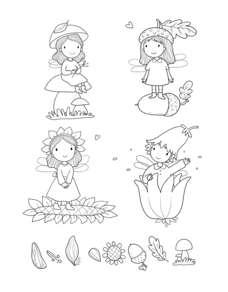Set con simpatiche fate dei cartoni animati. Elfi di legno. Bambine principessa con le ali volare sopra i fiori. Coccinella divertente. Illustrazione vettoriale — Vettoriale Stock