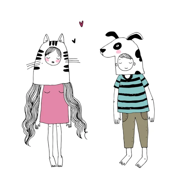 Bonito menino e menina dos desenhos animados. Crianças em trajes de carnaval de um gato e um cão. Desenho à mão objetos isolados no fundo branco. — Vetor de Stock