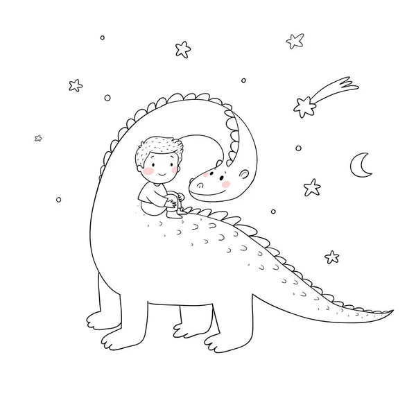 Милый маленький мальчик и забавный динозавр. Мальчик и дракон. — стоковый вектор