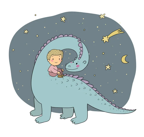 Menino bonito e dinossauro engraçado. O miúdo e o dragão. —  Vetores de Stock