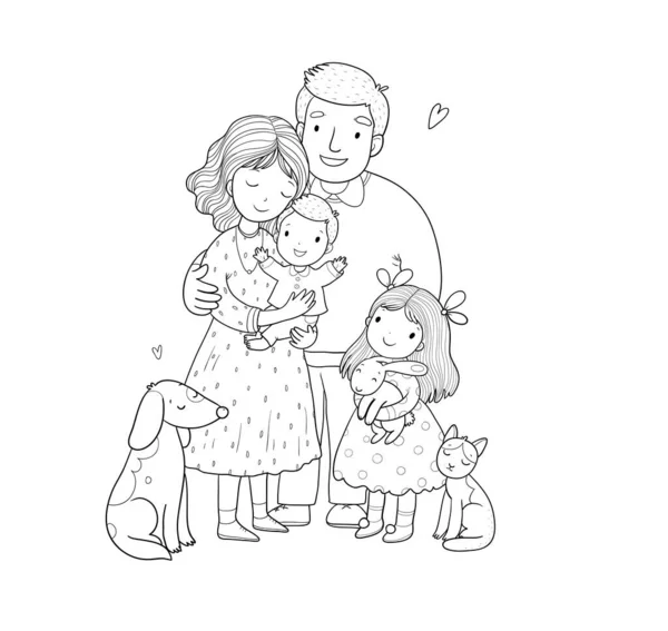Roztomilá kreslená rodina a kočka se psem. Máma, táta a děti. Šťastní lidé. Vektorová Grafika