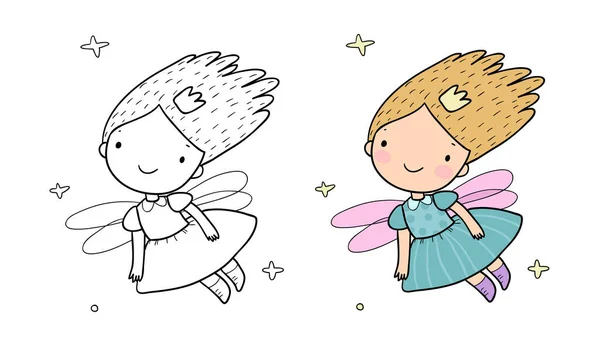 Bonito desenho animado fairy.Little Elfo Flor. Menina com asas. Ilustração para colorir livros. Vetores De Bancos De Imagens