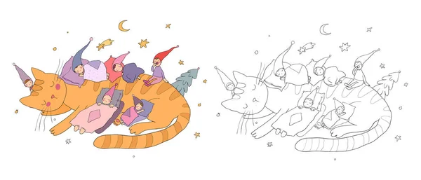 Dormindo pequenos gnomos bonitos e um gato. Elfos mágicos. Trolls florestais . Ilustração De Bancos De Imagens