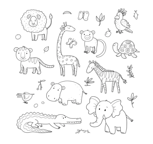 Animales africanos. Lindo león de dibujos animados y tigre, elefante y cebra, mono y loro. Zoológico divertido . — Vector de stock