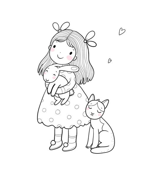 Cartoon girl carino con un gatto e un coniglio. Bambino con animali. Illustrazione per libro da colorare — Vettoriale Stock