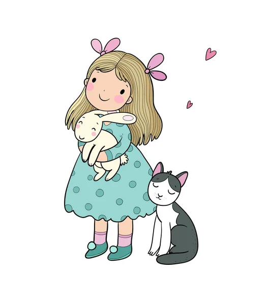 Linda chica de dibujos animados con un gato y un conejo. Bebé con animales. — Archivo Imágenes Vectoriales