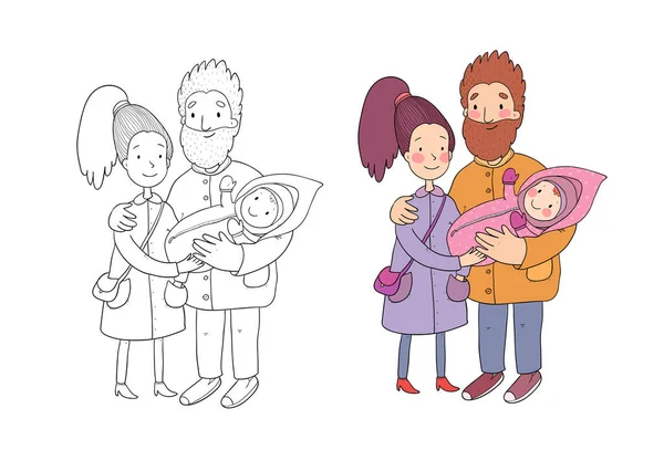 Bonita família de desenhos animados. Mãe, pai e filhos. Pessoas felizes. Ilustração De Bancos De Imagens