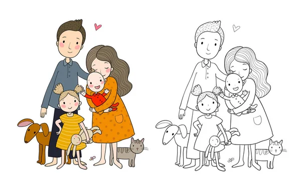 ครอบครัวการ์ตูนน่ารักและแมวกับสุนัข แม่ พ่อกับลูก คนที่มีความสุข . ภาพเวกเตอร์สต็อกที่ปลอดค่าลิขสิทธิ์