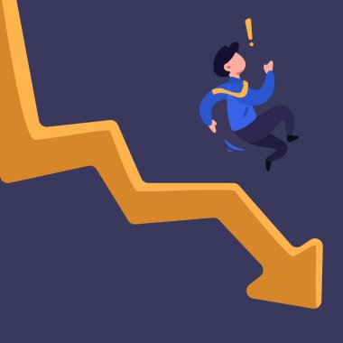 İş konsepti düz iş adamı stili listeye düştü. Erkek yönetici oktan düşüp iflas etti. Ekonomik başarısızlık yatırımı ve finansal borsa çöküşü. Tasarım vektörü illüstrasyonu