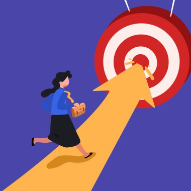 İş sahasında aktif bir iş kadını hedefine doğru koşuyor. Hedefe ulaş. Genç işçi, hedefi tam isabet ettiren bir okla koşuyor. Başarının ve büyümenin sembolü. Çizgi film vektör illüstrasyonu